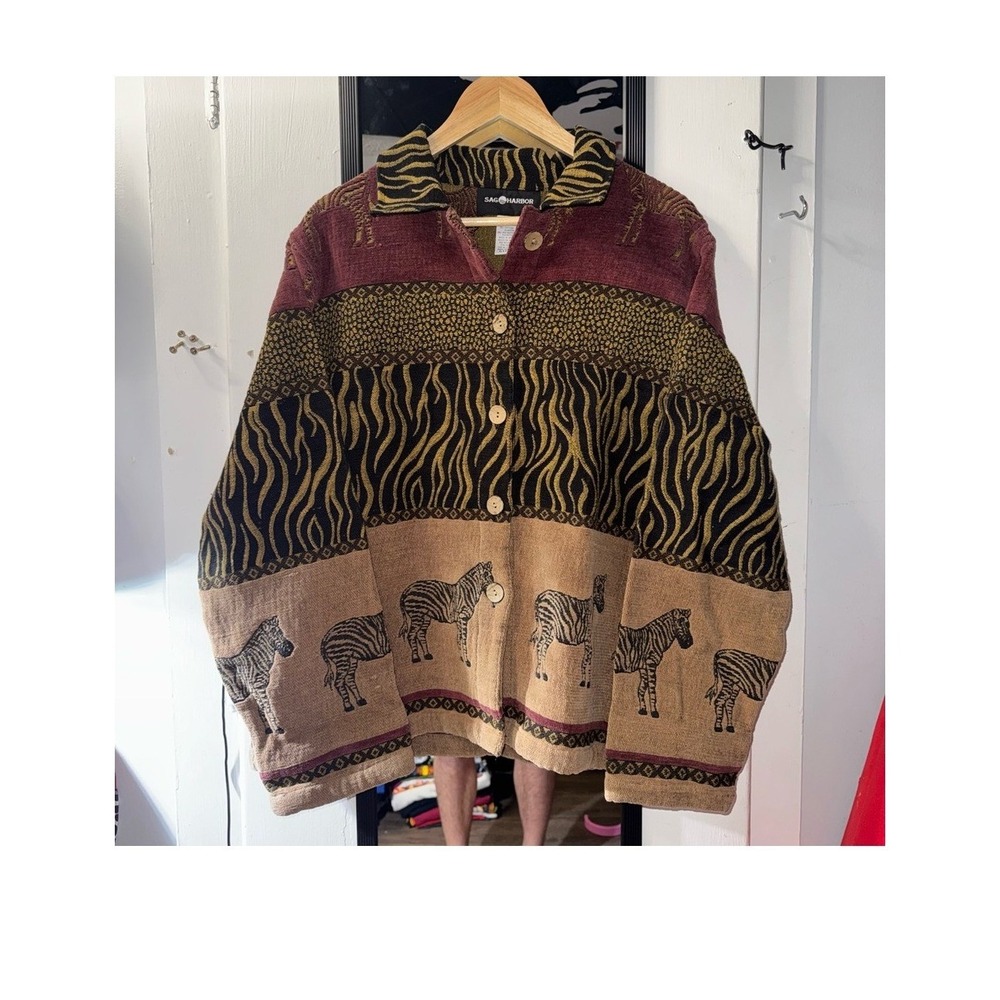Sag Harbor‎ Zebra Tapestry Jacket 90s Animal Print Multicolor Mens Medium Large